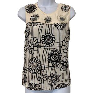 Raoul Womens 3D Floral Embellished Sleeveless 100% Silk Top Size 2 Ivory & Black